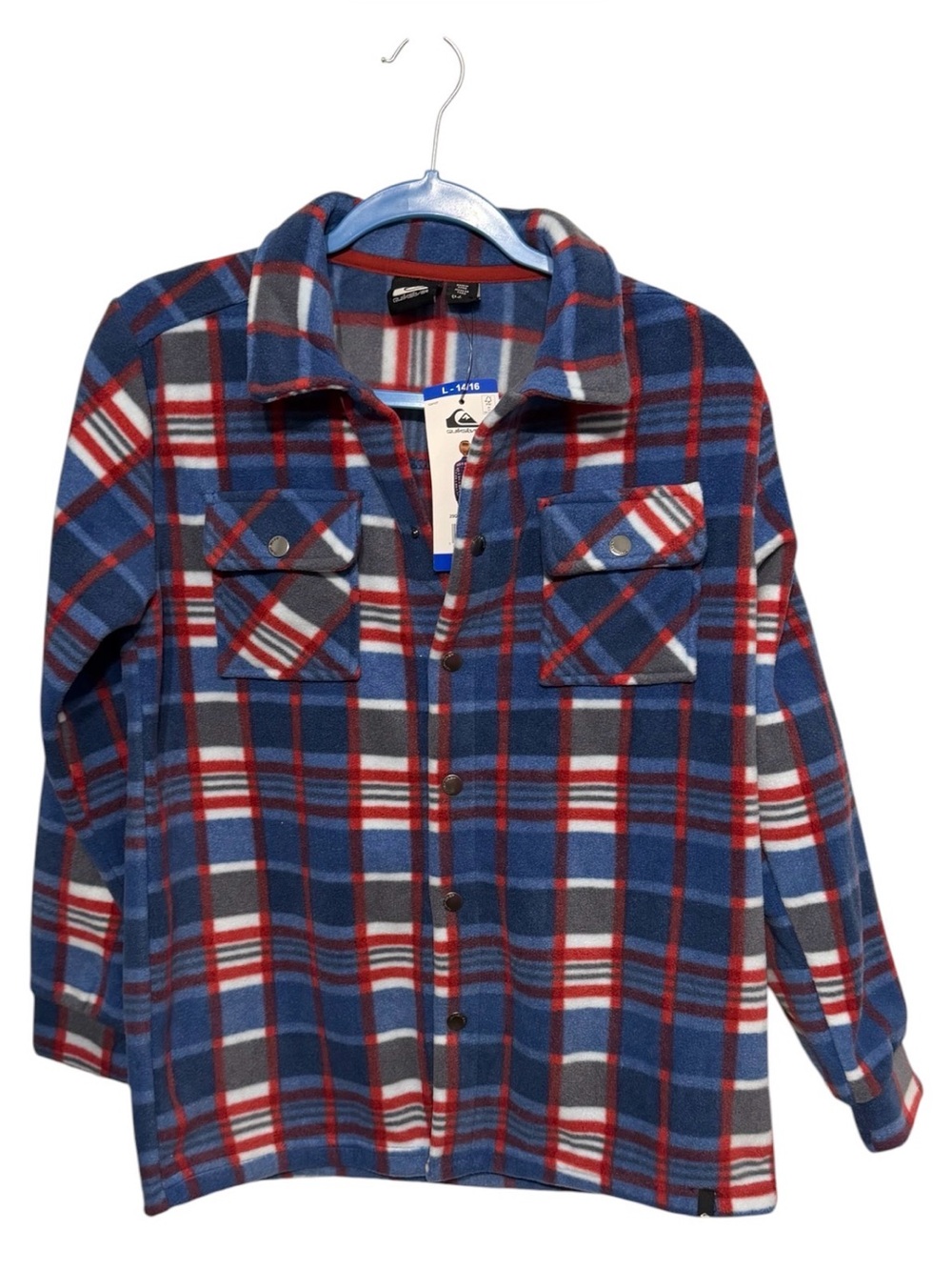 Quiksilver Kids Blue Plaid Snap-Front Fleece Shirt Jacket Large 14/16